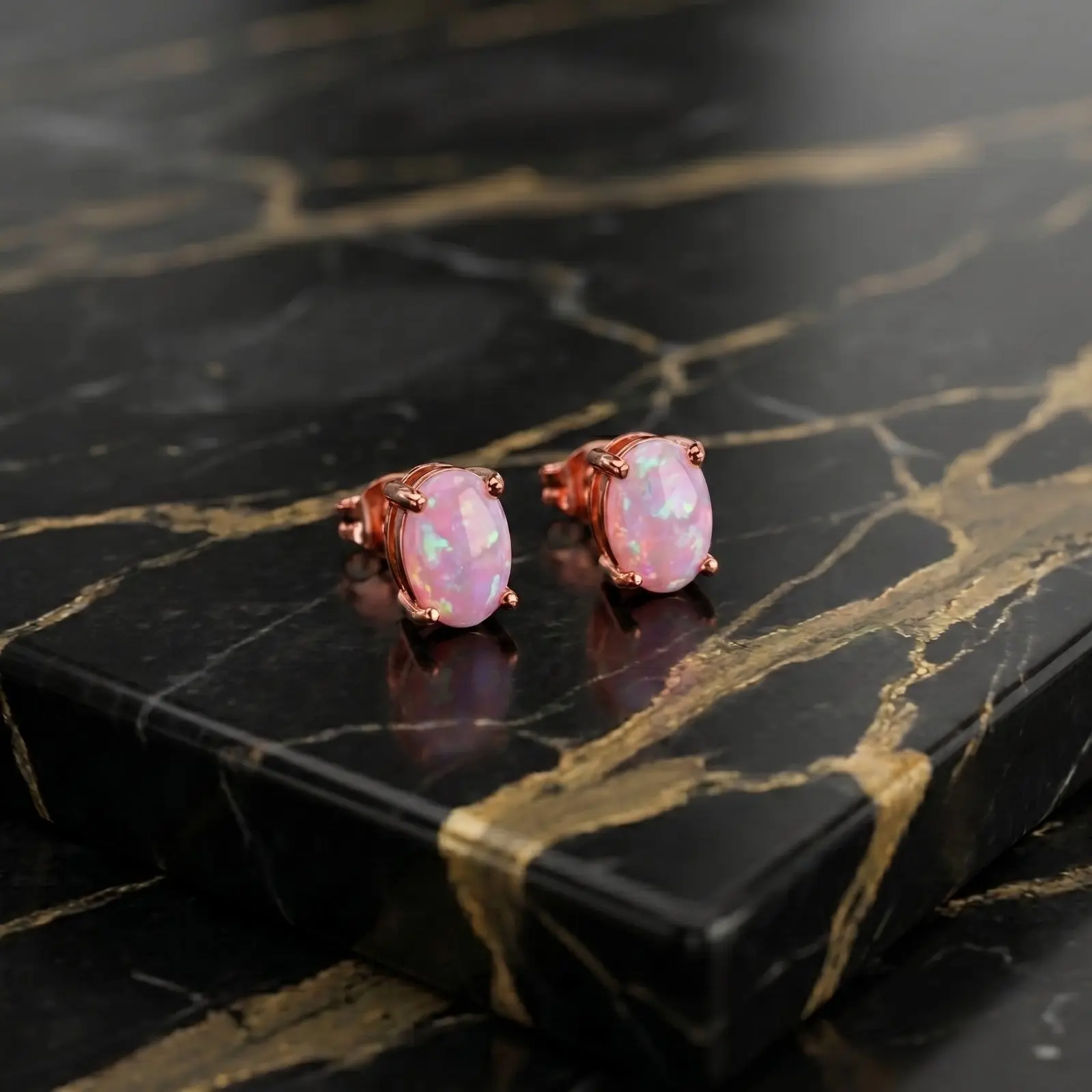 Pink Opal Earrings Rose Gold Over 925 Sterling Silver Lab Created 4x6mm