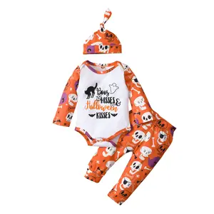 Toddler Long Sleeve Romper + Trousers, Halloween Theme Skull Cartoon Print Elastic Waist Spring Clothing
