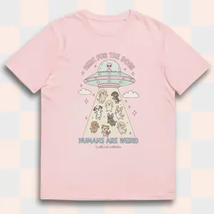 "HERE FOR DOGS" 100% Organic Cotton Tee, Unisex Top, Eco-Friendly,  Alien Graphic T-Shirt, Cute Womenswear [GOTS + OCS Certified] shirts women