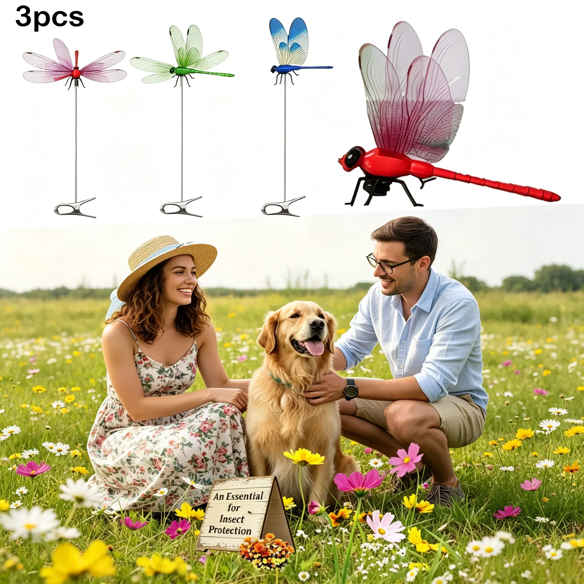 3-Pack Realistic 3D Clip-On Dragonfly Decor - Fake Plastic Dragonflies with Stakes, Insect Deterrent Decoys, Multipurpose Ornaments for Yd Patio, Pets, Indoor-Outdoor Garden Use