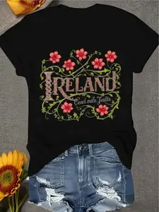 Women's Irish Celtic Knot Floral Pattern T-Shirt- Black Pink Flower Round Neck Top- St. Patrick's Day, Irish Theme Party and Daily Casual Wear Lightweight Breathable Shirt- Machine Washable Essential, Retro Style Printed Shirt, Festival Clothing,