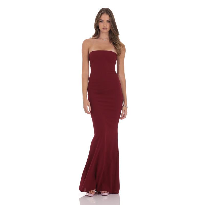Back Bow Strapless Maxi Dress in Burgundy