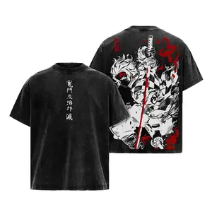 Men's Tanjiro Kamado Demon Slayer Kimetsu no Yaiba Vintage Washed Oversized Heavy Cotton T-Shirt - Unisex Ribbed Classic Aesthetic Seamless Garment Crewneck Anime Manga Streetwear Graphic Top Gift for Otaku Fans