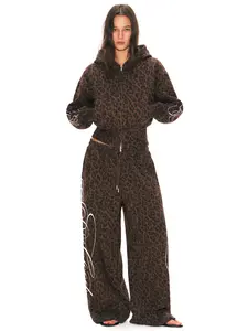 FDR Unisex Leopard Print Hoodie & Sweatpants Set, Oversized Cropped Letter Graphic Sweatshirt, Baggy Straight-Leg Sweatpants with Elastic Double Waistband, Vintage Casual Daily Streetwear summerwins