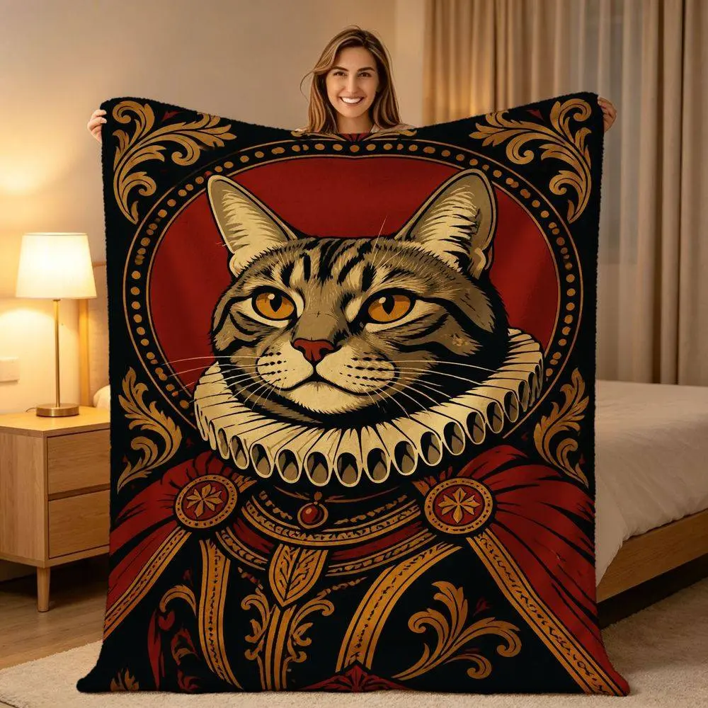 Renaissance Royal Cat Tapestry Blanket - Soft Flannel Hanging Lightweight Throw, Decorative Pet Portrait Cover, Mountable Cozy Art Decor for Living Room Sofa, Home Gift for Pet Lovers