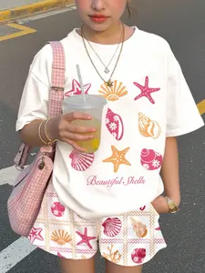 Tween Girls Casual Starfish Shell Beach Pattern T-Shirt and Shorts Set, Summer Clothing Set, Summer Vacation Home Travel, Loose Fit, All Seasons