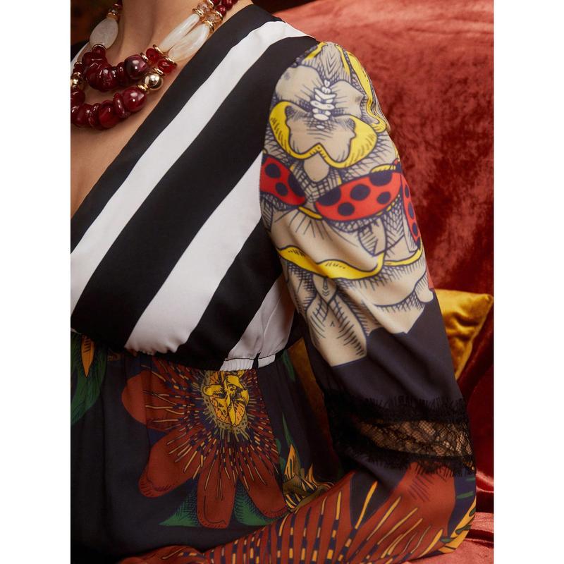 Frida Kahlo X SHEIN X Designer ISELACOS Floral Print Plunging Neck Lace Insert Dress Designer Elegant Dress, Fall Women Dress, For Autumn, Holiday, Party, Thanksgiving, Birthday Outfits, Spring, Festival