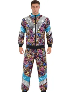 Unisex 2-piece 80s Party Photobooth Props Retro Leopard Print Sportswear Full Zip Jacket and Elastic Pants Disco Dance Costumes for Themed Party Events