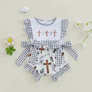 Baby Girl Summer Romper Ruffle Sleeveless Cross Embroidery Smocked Bodysuit Newborn Playsuit