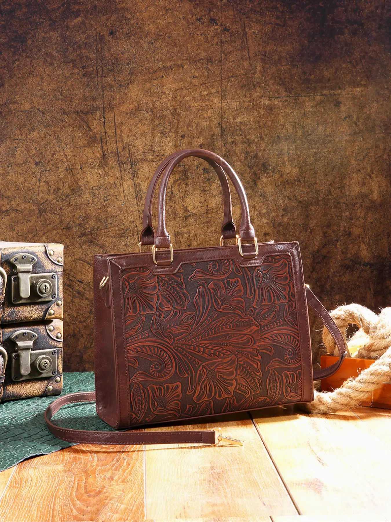 Vintage Embossed Classic Square Handbag Set, Includes Makeup Bag & Clutch, Retro Textured Design, Perfect for Everyday Use, Floral Embossed Handbag, Floral Embossed Satchel, Elegant Square Handbags