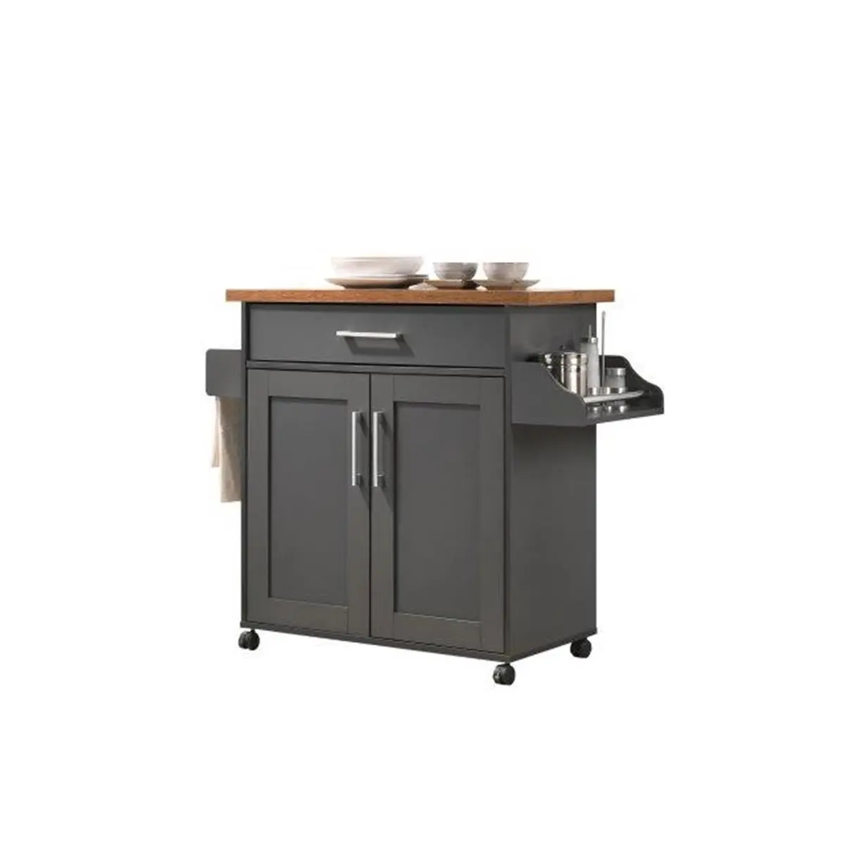 212 MAIN Grey & Oak Kitchen Island, 35.2x15.5x35.5-44.9 in., with Spice Rack, Towel Holder and Spacious Storage