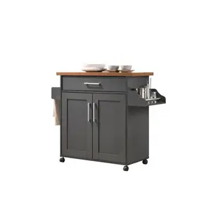 Hodedah  35.2 x 15.5 x 35.5-44.9 in. Kitchen Island with Spice Rack Plus Towel Holder, Grey & Oak