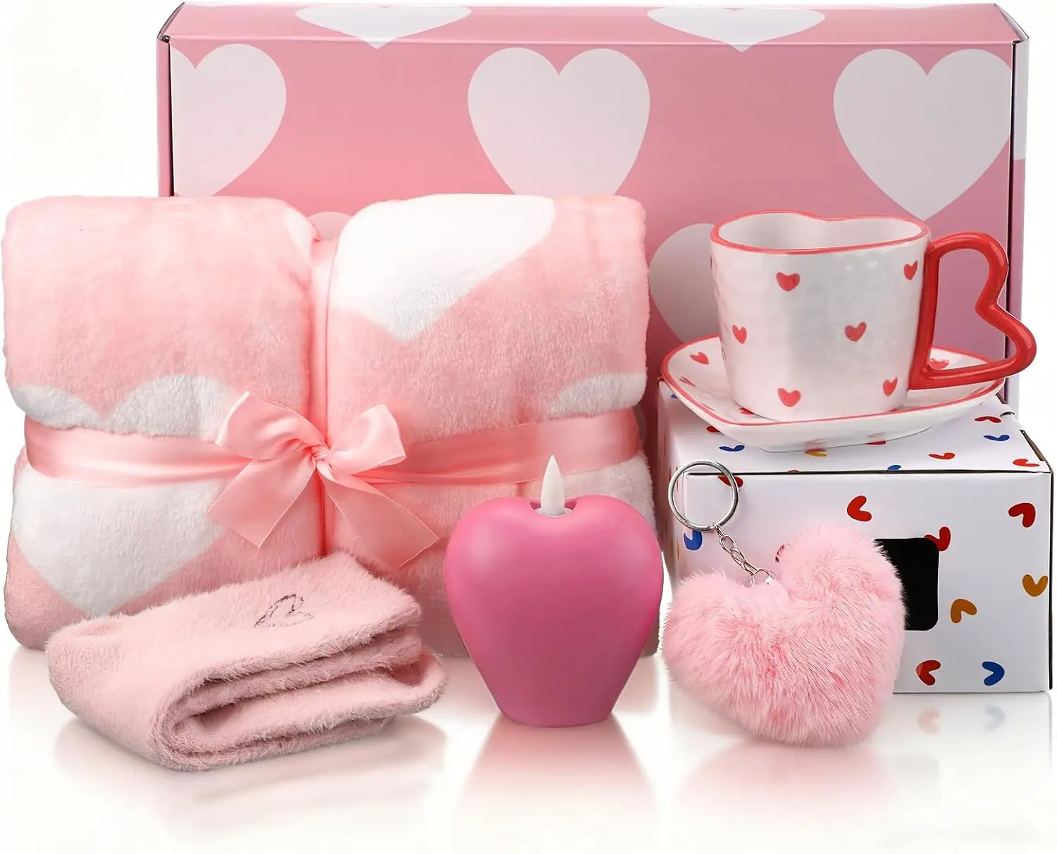 Halloween Fall Gift 6 Pcs Pink Gifts Set for Women Blanket Gifts Set Women Pink Heart Love Self Care Presents Blanket Cup Candle Socks Heart Keychain Airplane Box for Female Mothers Birthday Christmas
