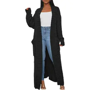 Womens Jacquard Knit Open Front Chunky Maxi Sweater Cardigan with Pocket Ribbed Long Duster Cardigan Knitwear