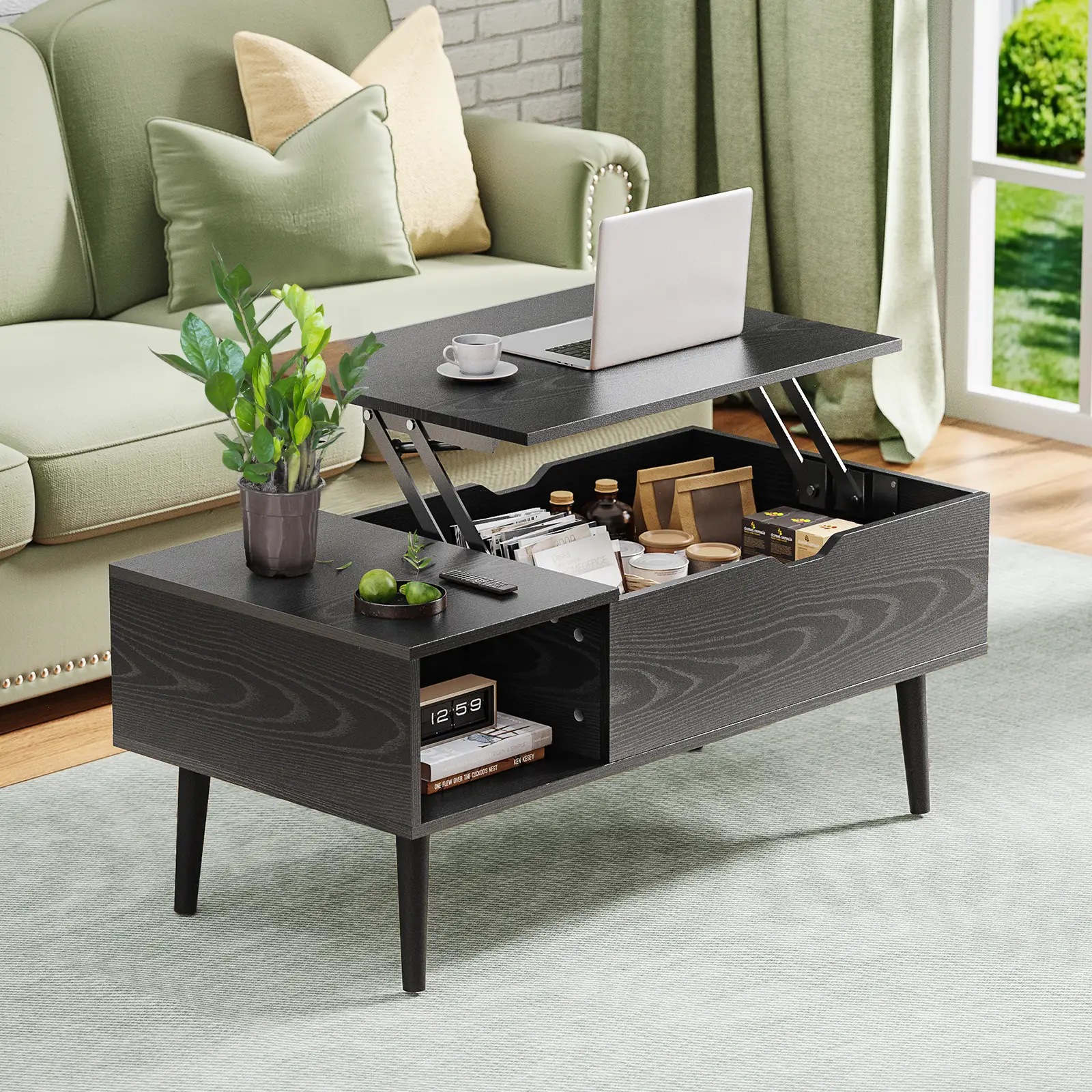 Sweet Furniture S - Modern Coffee Table Wooden Furniture with Lifting Tabletop, Storage Shelf and Hidden Compartment for Living Room Office