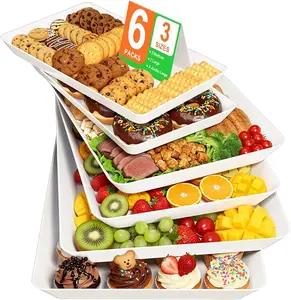 6-Pack Serving Tray for Parties, Serving Platter in 3 Sizes for Entertaining, Food Display, Plastic Trays for Cookies, Stackable Rectangular Platters for Family(White)