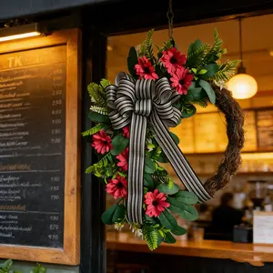 Vibrant Daisy Wreath with Lush Greenery and Striped Bow, Ideal for Porch and Entryway Decor, Perfect for Spring and Summer