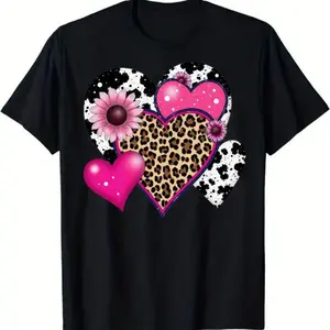 Heart Leopard Print T-Shirt - Black Casual Tee with Unique Graphic Design Featuring Heart Shapes, Pink and Cow Print Accents, and Floral Details - Soft, Breathable Summer Wear for Fashion Lovers, Great for Valentine's Day, Date Night, or Stylish Ev