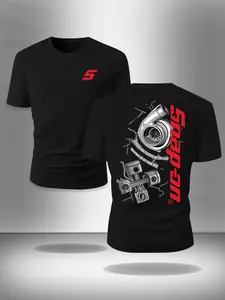 Turbocharger Piston T-shirt - Black Round Neck Crewneck T-shirt with small front and back Graphic patterns of turbocharger and piston, mechanical style, men's Fitted T-shirt, Tee, casual wear, gift for car enthusiasts, top men's streetwear casual wear