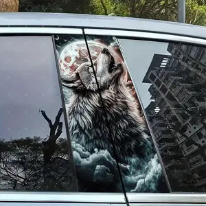 2pc Wolf Howl Car B Pillar Protection Sticker, Easy Peel & Stick, Sunproof Waterproof Scratch Resistant, Fits All Cars, Car Exterior Decoration