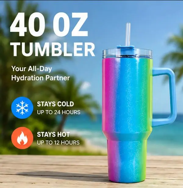 40oz Tumbler Cup with Handle & Straw | Double Wall Insulated | Keeps Drinks Cold 24hrs | Stanley Style Travel Mug