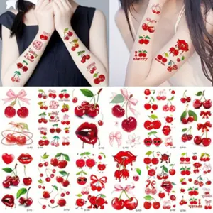 12pcs Set of 3D Fresh Matte Tattoo Stickers, Cute Bow and Cherry Lip Designs for Birthday Party Decorations, Eye-Catching Temporary Tattoos