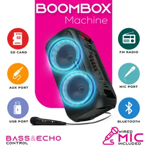 Dolphin SP-2600RBT Dual 6.5" Bluetooth Party Speaker with WaveSync™ and Sound-Activated Lights Audio Microphone Wireless Portable Remote Control Watts Smartphone Mics
