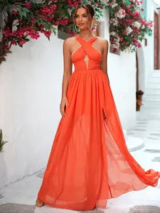 Summer Women's Cross Neck Sleeveless Chiffon Dress, Chest Cutout High Split Vacation Long Dress, Elegant and Stylish Design