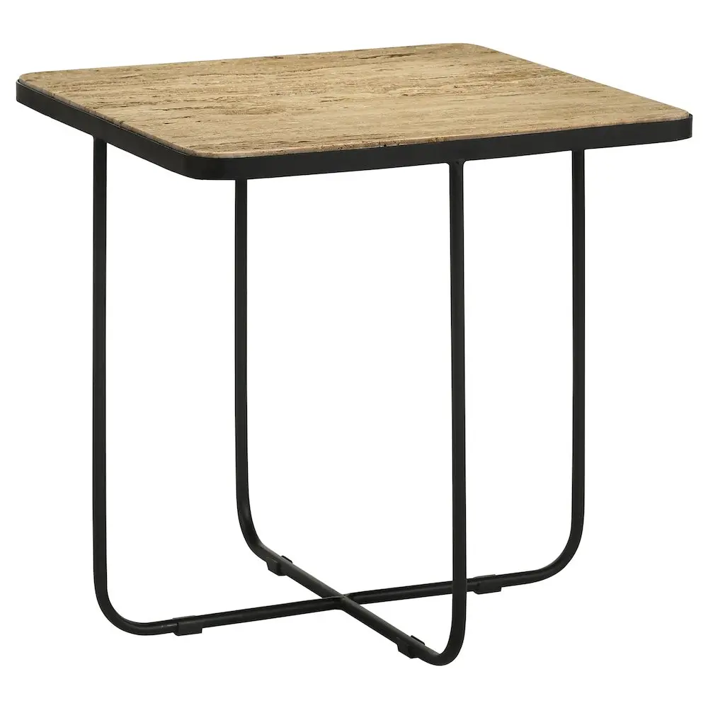 Elyna Square Shape Indoor Accent Side Table, Beige Square Stone Top, Clean Aesthetic, Asymmetrical Look, Can Double as a Nightstand