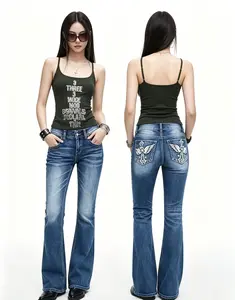 Angel Wings Embroidered Bootcut Jeans Women High Waist Y2K Style