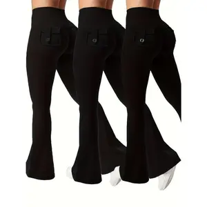 3pcs Of Black, Gray And Green Fashionable Workwear Style Bell Bottoms, Women&#   39;s Casual Bell Bottoms, High Waist Pocket Sportswear, Work Style Peach Hip Pants, Sports Quick-drying Tummy Control Butt Lifting Trousers Flare Leggings