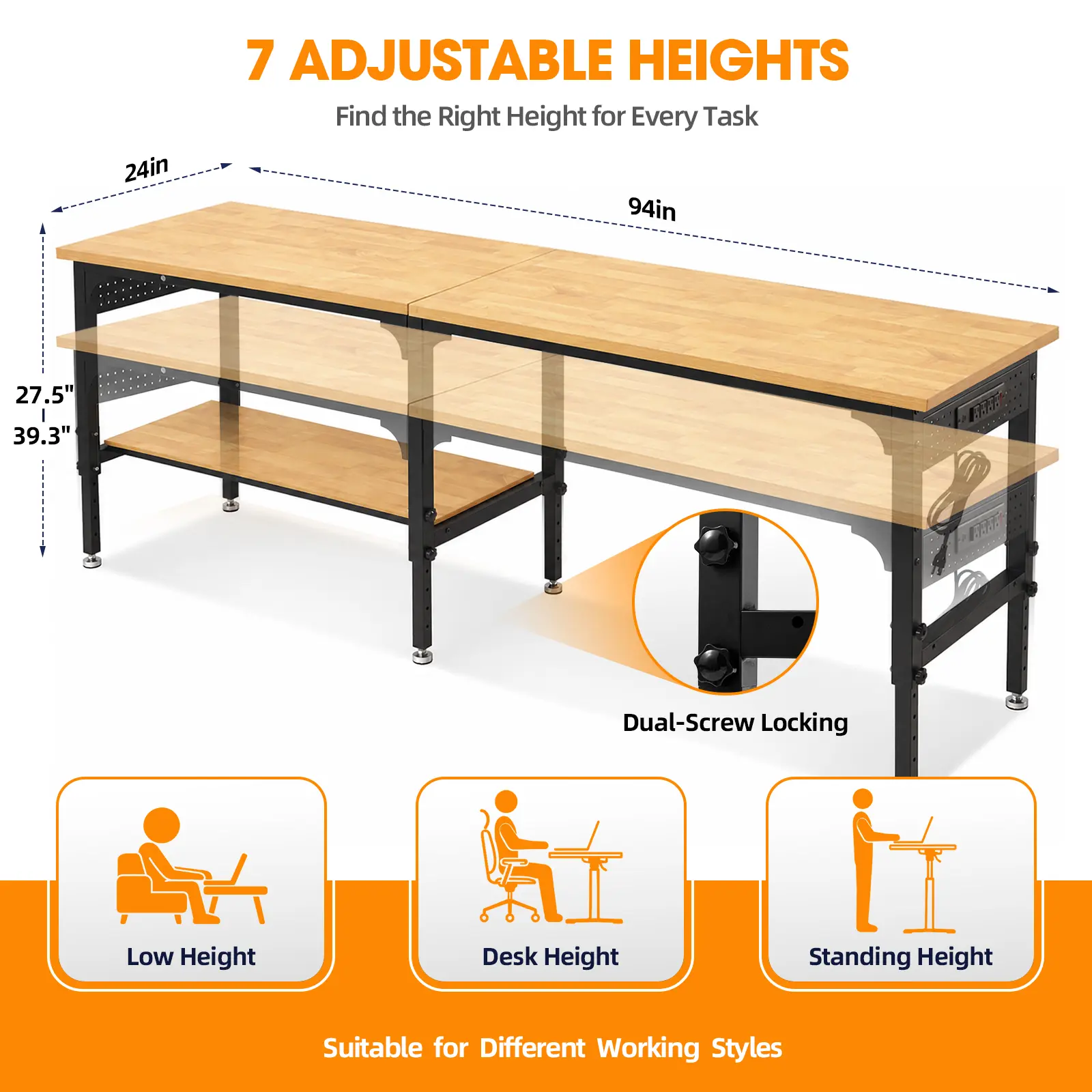 Northsky 94"x24" 5000LBS Heavy Duty Workbench ,7-Level Height Adjustable, Built-in Power Strip & Pegboard, Garage Workshop Table for DIYers & Mechanics