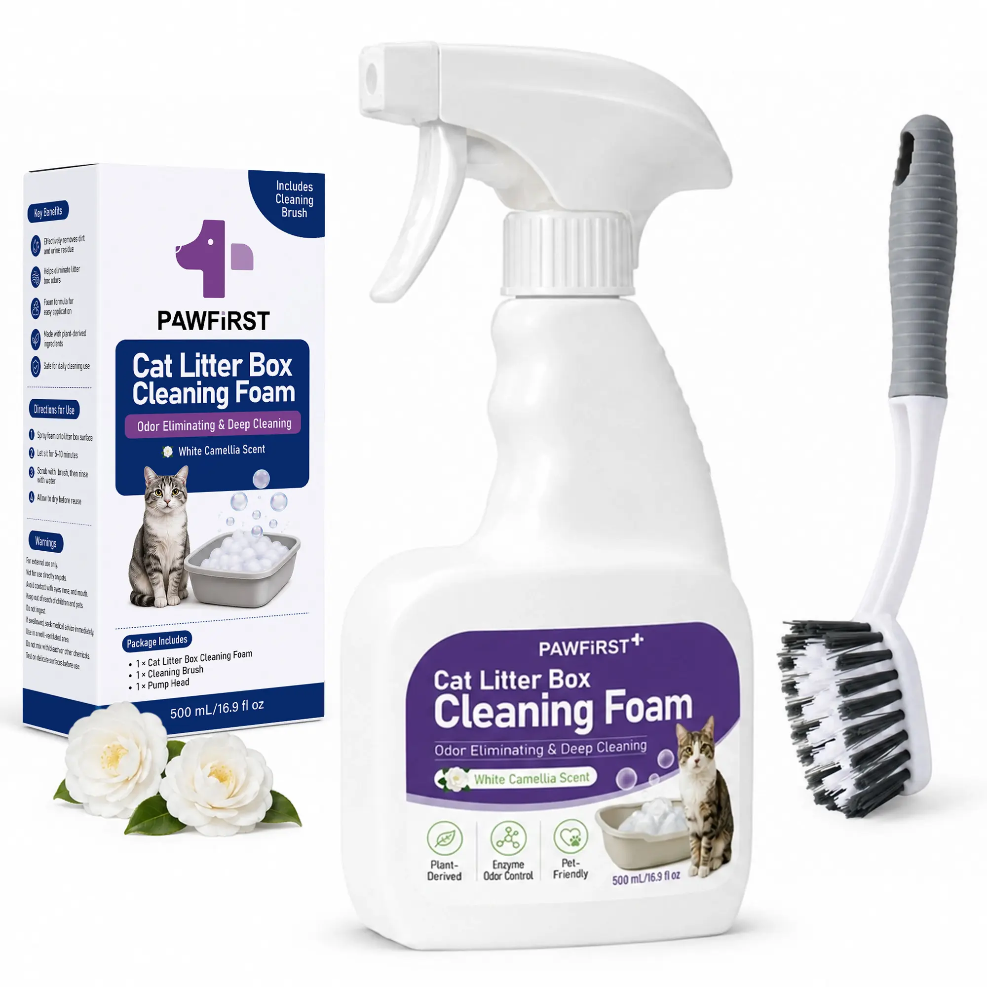 Pawfirst Cat Litter Box Enzyme Cleaning Foam (500ml, Free Cleaning Brush) - Plant-Derived Bio Enzyme Pet Safe Cleaner, White Camellia Scent, Urine & Poop Odor Neutralizer, Stain Remover for All Litter Box Types
