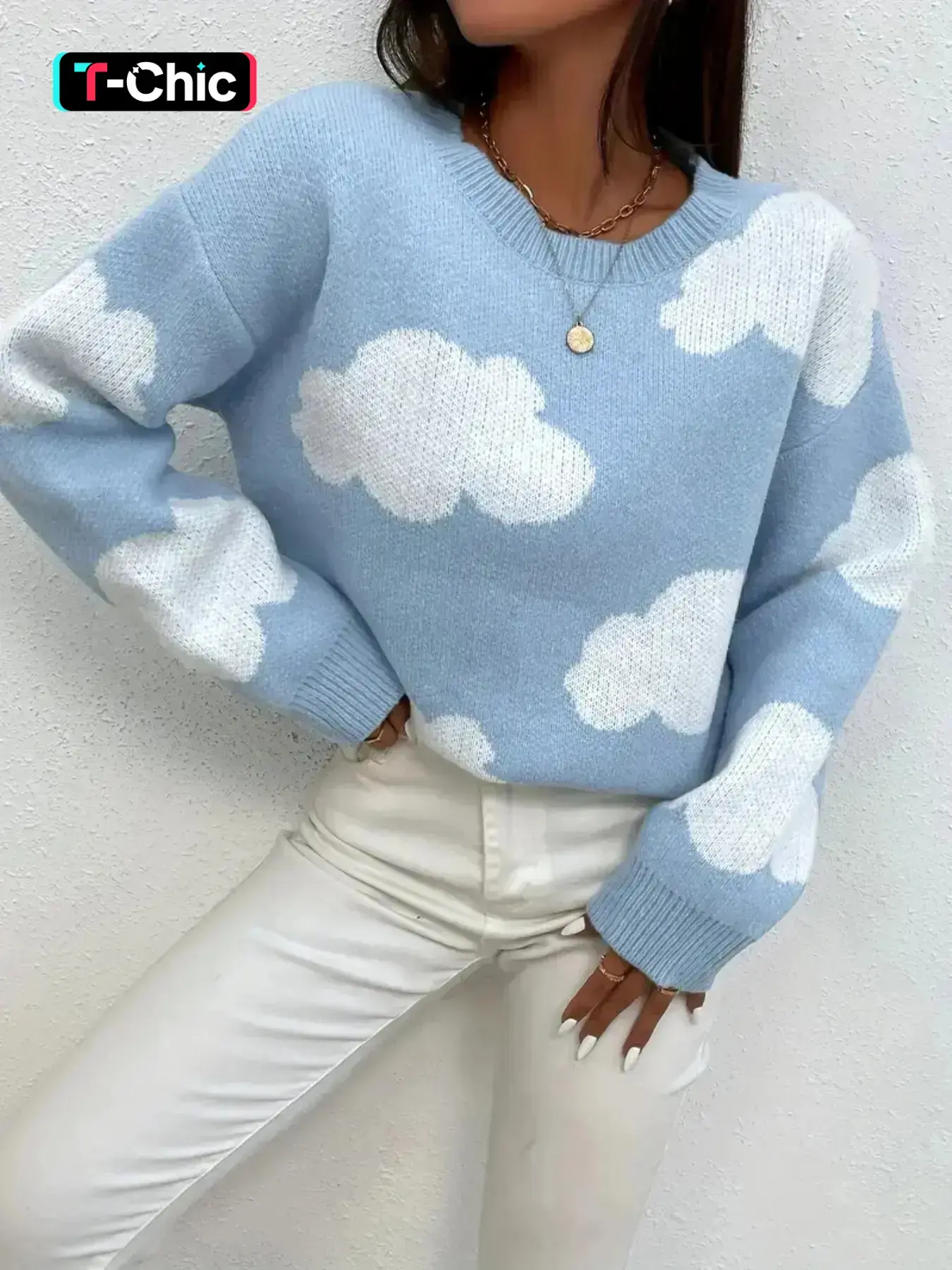 Women's Casual Loose-Fit Sweater, Cloud Pattern Drop Shoulder Knitted Long Sleeve Pullover, Spring & Fall Fashion, Moderate Fabric Thickness, Knitwear, Tops, Womenswear, Knitting