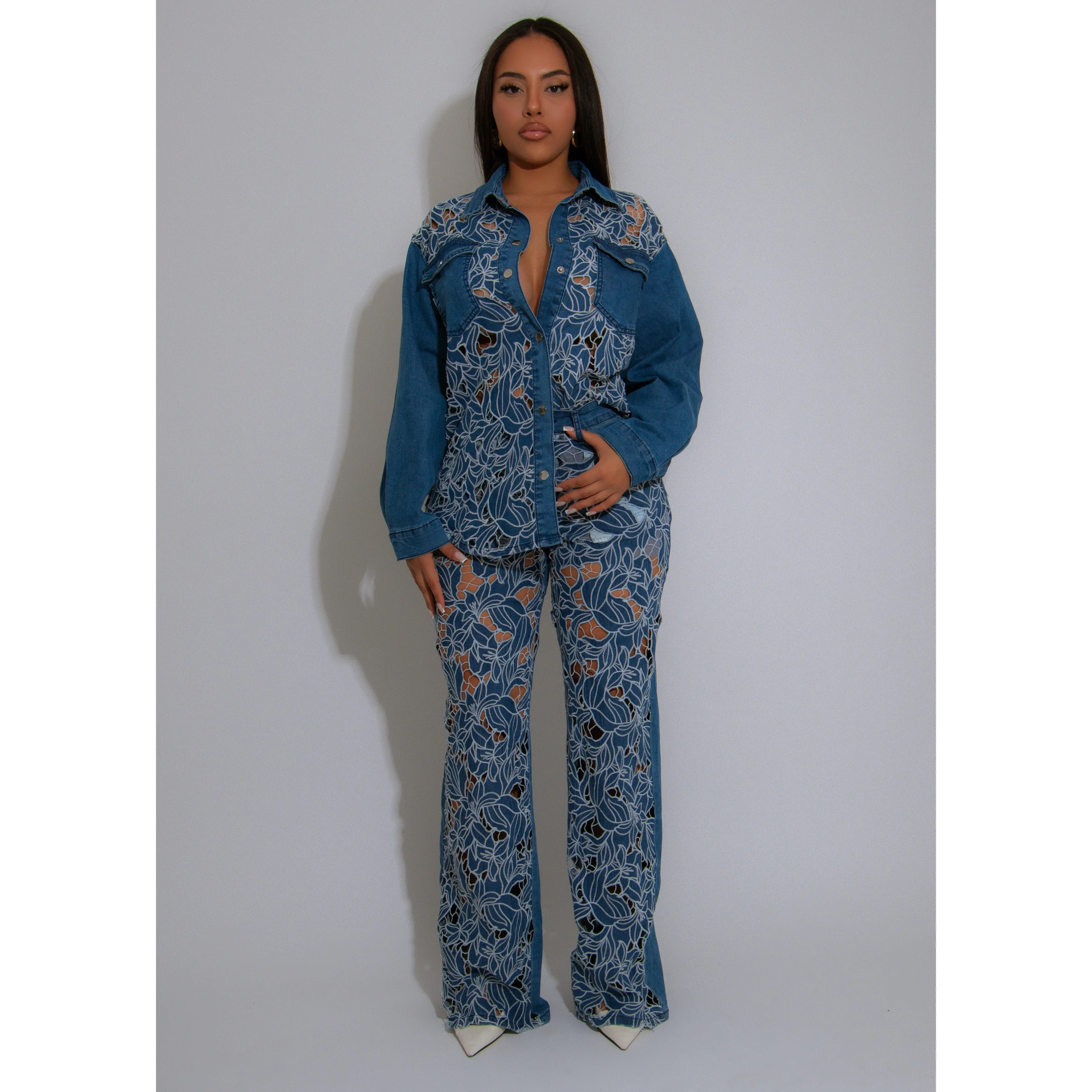 Wild Bloom Lace Floral Pant Set Denim