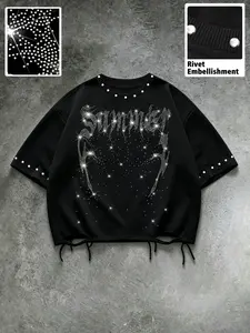 Men's Casual Short Sleeve T-Shirt, Gothic Sharp Font Rhinestones, Base, Summer Fashion, Ripped Hem, Street Style, Streetwear