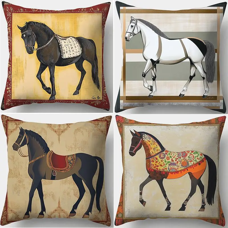Horse Pattern Cushion Cover, Photo Frame Horse Theme Cushion Cover, Household Decoration Supplies for Home Sofa Bedroom