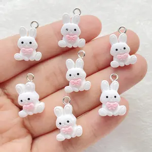 20pcs Resin Cute Mini White Cartoon Bow Rabbit Handmade Whimsical Charms Pendants for Earrings, Necklaces, Bracelets, Keychains and Bag Accessories, Creative Gifts for DIY Crafts, Bangle Charms
