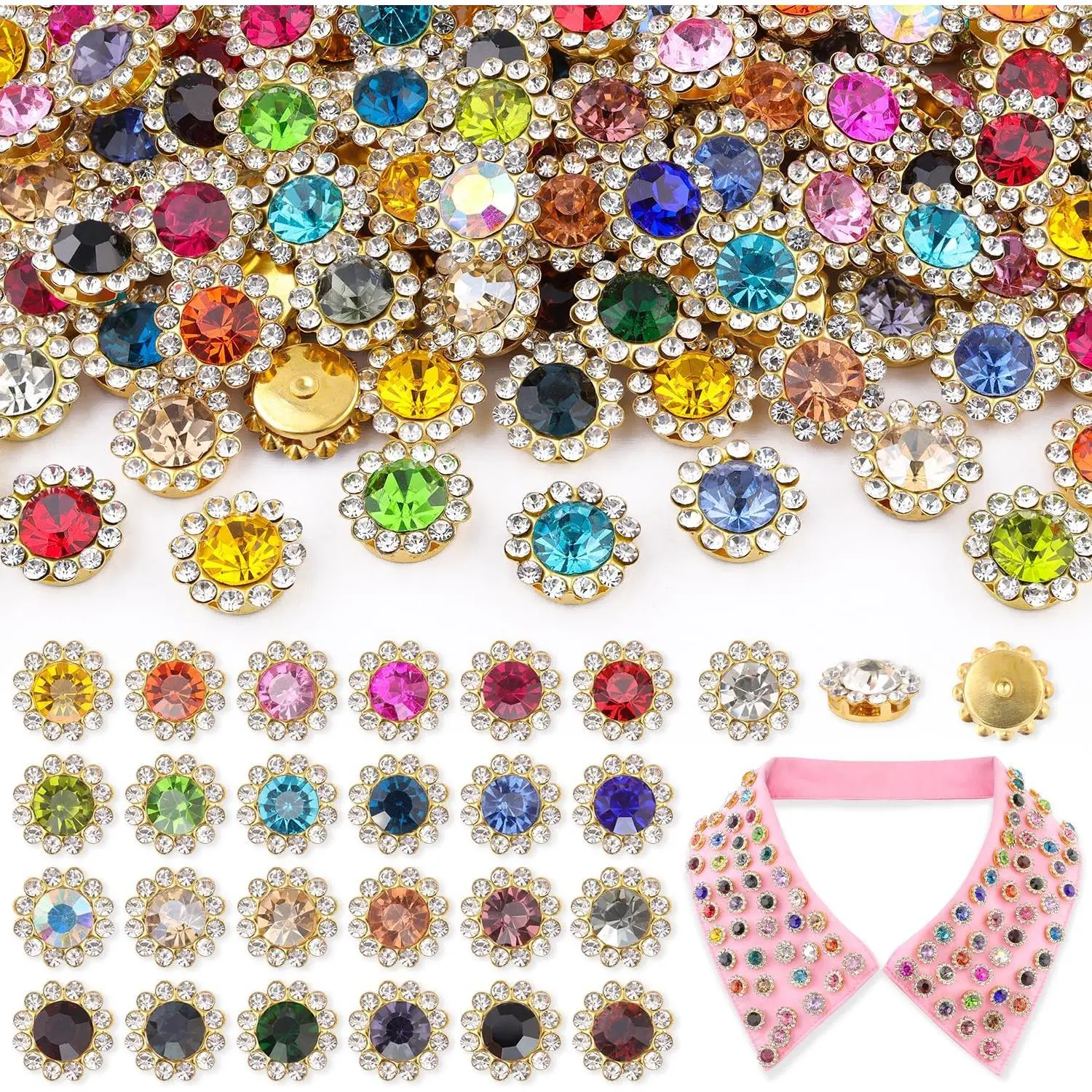 Sew on Rhinestones, 150 Pcs 12mm Flower-Shaped Crystal Glass Bling Gems with Metal Claw Setting, 25 Mixed Colors for Bedazzling Clothes & DIY Crafts, Bling Rhinestone, Rhinestones Kit