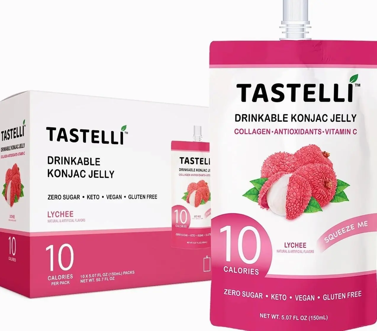 Tastelli Konjac Jelly Infused with Collagen Drink + Vitamin C + Antioxidants / 10 Calories, Vegan, Zero Sugar/Healthy Drinkable Dessert Pouch / (Lychee) - 150mL x 10 Pouches