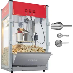 VEVOR Commercial Popcorn Machine, 12 Oz Kettle, 1440 W Countertop Popcorn Maker for 80 Cups per Batch, Theater Style Popper with 3-Switch Control Steel Frame Tempered Glass Doors 1 Scoop 2 Spoons, Red