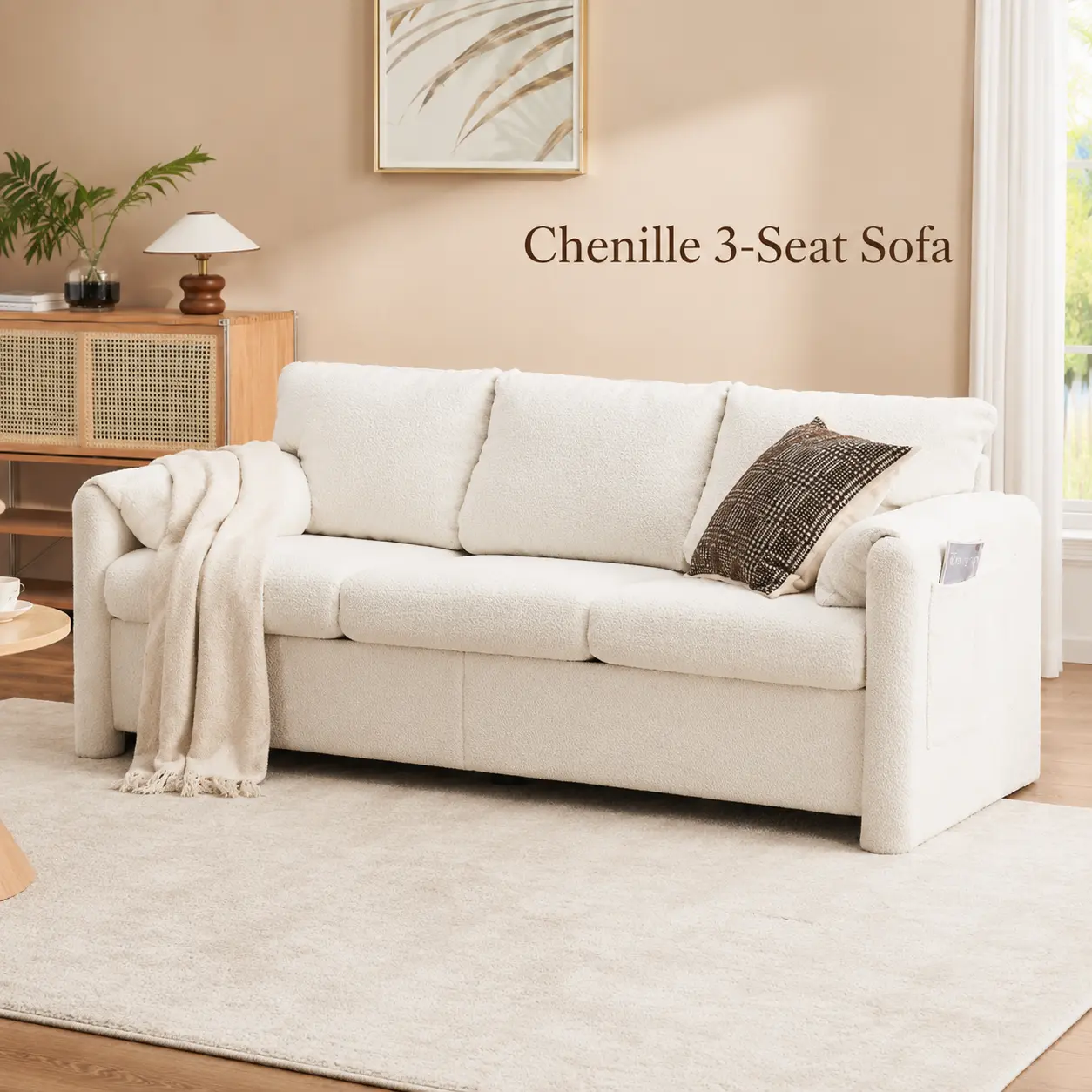 Modern 77 Inch 3 Seater Chenille Couch Plush Deep Seat Sofa with High Density Foam Cushions Ivory White Living Room Couch for Family Apartment Home Theater