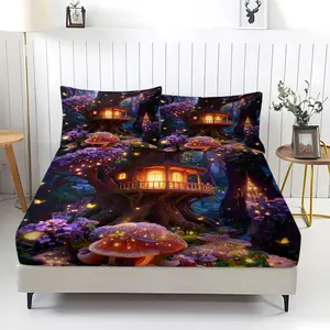 3Pcs Mushroom House Printed Fitted Sheet Set, Cute Style Bedding Set, Soft Polyester Fabric, Deep Pocket Design, Machine Washable, Fade Resistant, All Season Universal, Suitable for Girls' Bedroom Decoration