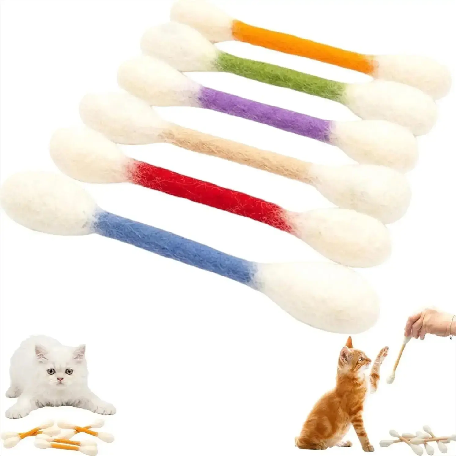6-Pack Giant Q-Tip-Shaped Cat Toys, Soft Felt Cotton Swab Teething Sticks, Durable Interactive Play Indoor Kitten Chew Toys, Anxiety & Boredom Relief Pet Accessories for Dental Cleaning & Daily Entertainment