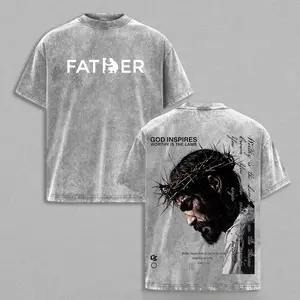 Religious Streetwear Men's Oversized T-Shirt - Vintage Washed "God Inspires" Jesus Print Short Sleeve Top Sarcastic Funny Cat Meme Silly Sleepy fuck Pattern