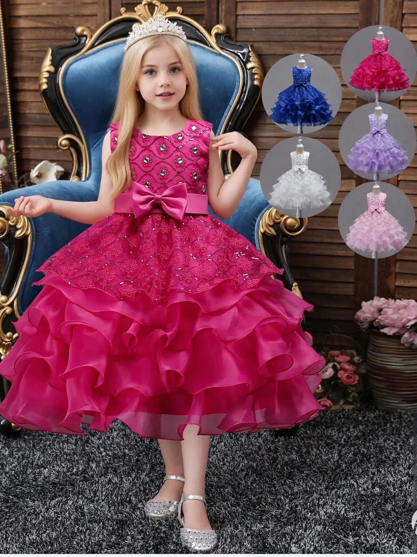 Girl's Floral Embroidery Ruffle Trim Satin Party Dress, Elegant Contrast Mesh Bow Decor A Line Dress for Party Wedding Guest, Kids Clothes for All Sea