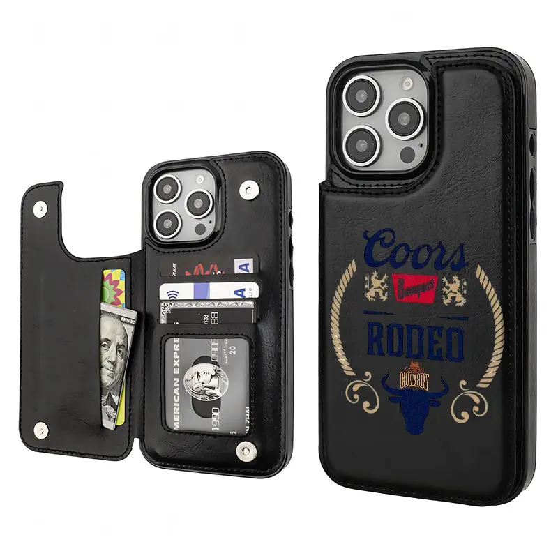 Beer Cow Cowboy Creative Trendy Vintage Western Style Card Holder Wallet Aesthetic Pattern Black Casing For iphone iPhone 17 16 15 14 13 12 PRO MAX PLUS  PU Leather Stylish Gift Shockproof Protection Anti-Drop Protective Protector Phone Cases Shell Cover