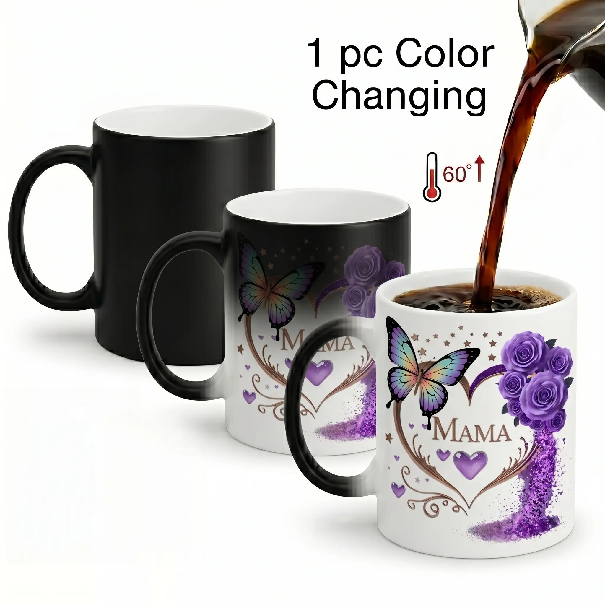 "MAMA" Purple Rose Butterfly Heat-Reveal Color Changing Ceramic Printed 11oz Reusable Oversized Beverage Mug, Ceramic Printed Drinkware with Plants Design, Surprise Gift for Mom (Mother's Day/Birthday Present from Kids) for Hot Drinks