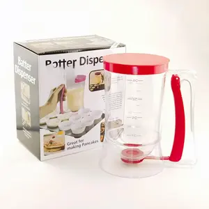 Pancake Batter Dispenser - Cookie Cupcake Cupcakes Waffle Waffles Separator Tool with Squeeze Handle, Easy Pour & Measuring Label for Griddle, Baking Supplies, Crepe & Cake Muffin Mix, Red