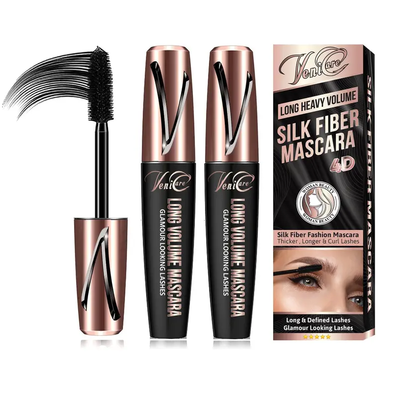 2 Pack 4D Silk Fiber Eyelash Mascara Volumizing Makeup Waterproof Kit Eye Lashes VeniCare Lengthening Curling Smudgeproof Long-lasting